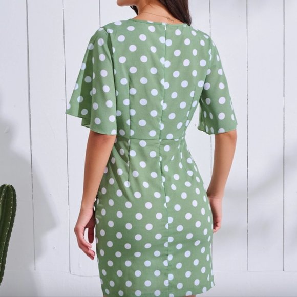 Polka Dot Ruched Detail Dress Green - Picture 2 of 7